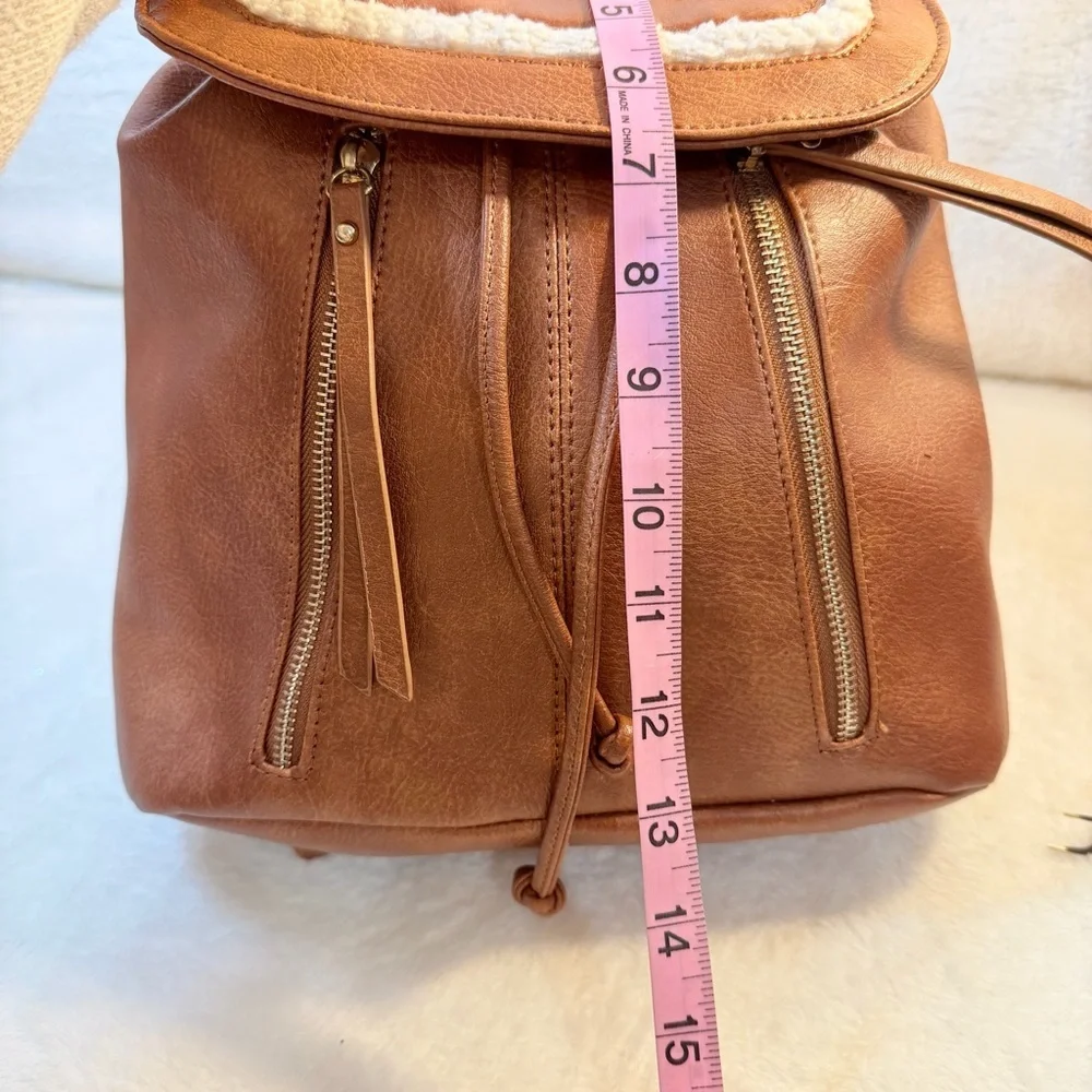 Under One Sky Brown Vegan Leather BOHO‎ Backpack Sherpa Trim Matching Coin Purse